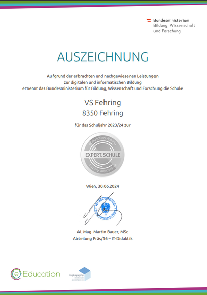 Dokument des Bundesministeriums für Bildung, Wissenschaft und Forschung zeichnet die Schule für Leistungen in digitaler und IT-Bildung aus. Ausgestellt am 30. Juni 2024.