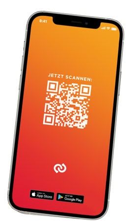 iPhone-Bildschirm zeigt einen orangefarbenen Hintergrund mit einem QR-Code, der Benutzer zum Scannen einlädt. Die Uhrzeit ist 9:41, und die Telefon-App-Symbole für App Store und Google Play sind sichtbar.