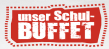 Das Bild zeigt ein rotes und weißes Logo für ein Schulbuffet. Das Wort 'unser' ist schwarz und 'SCHUL-BUFFET' ist weiß mit einem roten Umriss. Das Design ist fett und klar.