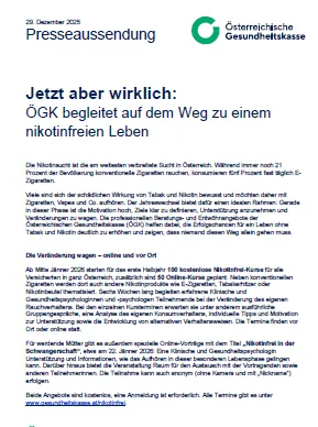 Pressemeldung vom 20. Dezember 2023. Es zeigt ein grünes Logo und diskutiert die Unterstützung der Österreichischen Gesundheitskasse für ein nikotinfreies Leben. Der Text enthält Statistiken über die Anzahl der Menschen, die Hilfe bei der Nikotinsucht suchen, und erwähnt einen professionellen Beratungsdienst und Online-Tools.