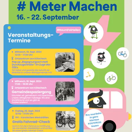 Plakat für die Europäische Mobilitätswoche 2024 mit Veranstaltungsplan für Metermachen, Gemeinschaftsspaziergänge und kostenlose Fahrradprüfung, mit Datum und Uhrzeit in deutscher Sprache.