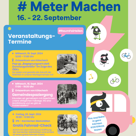 Plakat für die Europäische Mobilitätswoche 2024 mit Veranstaltungsplan für Metermachen, Gemeinschaftsspaziergänge und kostenlose Fahrradprüfung, mit Datum und Uhrzeit in deutscher Sprache.