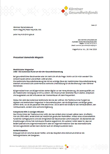Ein Dokument des Kärntner Gesundheitsfonds wendet sich an Peter Heymich und informiert über einen kostenlosen Rund-um-die-Uhr-Gesundheitsberatungsdienst. Das Dokument betont die Bedeutung des Dienstes als wertvolle Unterstützung für die Bevölkerung in den Kärntner Gemeinden.