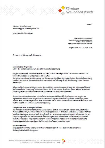 Ein Dokument des Kärntner Gesundheitsfonds wendet sich an Peter Heymich und informiert über einen kostenlosen Rund-um-die-Uhr-Gesundheitsberatungsdienst. Das Dokument betont die Bedeutung des Dienstes als wertvolle Unterstützung für die Bevölkerung in den Kärntner Gemeinden.