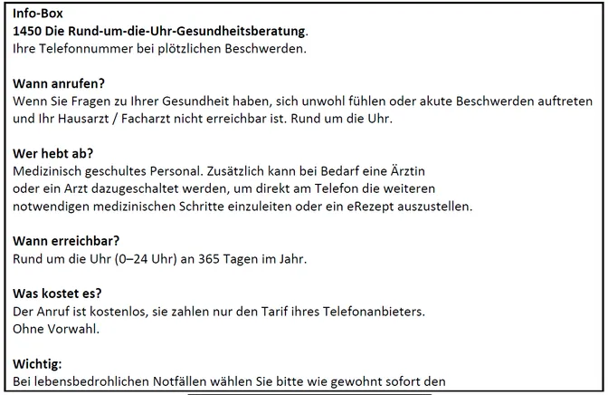 Text über einen Gesundheitsberatungsdienst, der rund um die Uhr verfügbar ist, mit Fokus auf sofortige Hilfe und die Möglichkeit, sich mit einem Arzt zu verbinden. Es wird erwähnt, dass der Dienst kostenlos ist, nur die Tarife des Telefonanbieters werden berechnet.