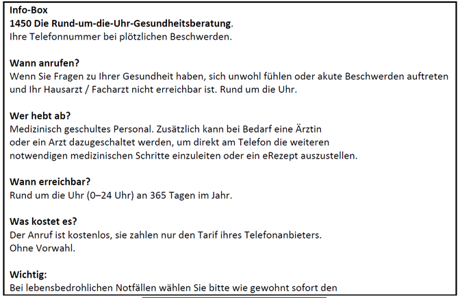 Text über einen Gesundheitsberatungsdienst, der rund um die Uhr verfügbar ist, mit Fokus auf sofortige Hilfe und die Möglichkeit, sich mit einem Arzt zu verbinden. Es wird erwähnt, dass der Dienst kostenlos ist, nur die Tarife des Telefonanbieters werden berechnet.