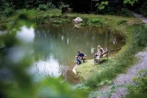 Nature, Outdoors, Pond, Water, Person, Motorcycle, Vehicle, Grass, Plant, Garden