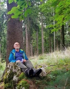 Person, Sitting, Vegetation, Hiking, Tree, Woodland, Adult, Male, Man, Coat