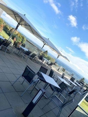 Terrace, Indoors, Restaurant, Dining Table, Furniture, Table, Outdoors, Scenery, Cafeteria, Floor