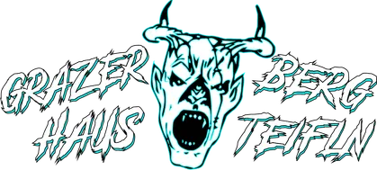 Eine grafische Darstellung eines demonenartigen Gesichts mit Hörnern und offenem Mund, vor schwarzem Hintergrund. Die Worte 'Blazer Haus' und 'Teufel' sind in weiß und blau geschrieben.