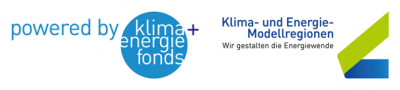 Zwei Logos werden angezeigt. Das erste lautet 'powered by klima+energie fonds' mit einem blauen Kreislogo. Das zweite lautet 'Klima- und Energie-Modellregionen' mit einer blau-grünen abstrakten Form.