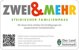 Der steirische Familienpass bietet Ermäßigungen bei ausgewählten Betrieben. Kontakt: info@zweiundmehr.at. Webseite: www.zweiundmehr.steiermark.at. Facebook: zweiundmehrsteiermark.