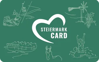 Ein grüner Hintergrund mit einem Herzsymbol, das 'Stiermark Card' sagt. Darum herum sind Illustrationen einer Person, die Ski fährt, einer Windmühle, einer Frau, eines Mannes und eines Bootes.
