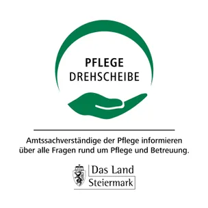 Das Logo 'Pflegedrehscheibe' mit einem grünen Kreis und einer Hand, das Pflegeverbände repräsentiert. Es heißt, dass Pflegeverbände über Pflege und Betreuung informieren. Unten das Logo 'Das Land Steiermark'.