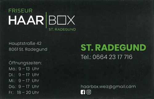 Visitenkarte für Haar Box in St. Radegund mit Adresse, Öffnungszeiten, Telefonnummer und E-Mail-Adresse.