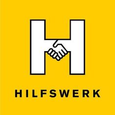 Das Logo von Hilfswerk zeigt ein großes weißes 'H' mit zwei schüttelnden Händen in der Mitte, vor einem hellen gelben Hintergrund.