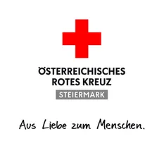 Das Logo des Österreichischen Roten Kreuzes im Bundesland Steiermark, mit einem roten Kreuz und den Worten 'Aus Liebe zum Menschen' in einer stilisierten Schrift.