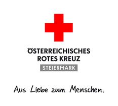 Das Logo des Österreichischen Roten Kreuzes im Bundesland Steiermark, mit einem roten Kreuz und den Worten 'Aus Liebe zum Menschen' in einer stilisierten Schrift.