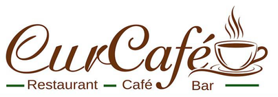 Das Logo von OurCafe zeigt eine stilisierte Kaffeetasse mit aufsteigendem Dampf, begleitet von dem Text 'Restaurant - Café - Bar'. Das Design ist elegant und modern, mit weißem Hintergrund und braunem Text.