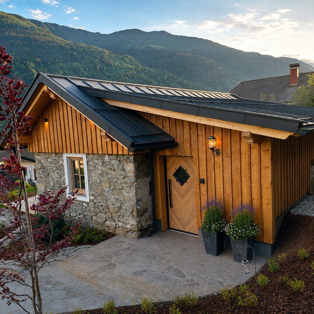 Ein modernes Holzhaus mit Steinfundament und schwarzem Dach, in einer Bergregion mit klarem Himmel gelegen.