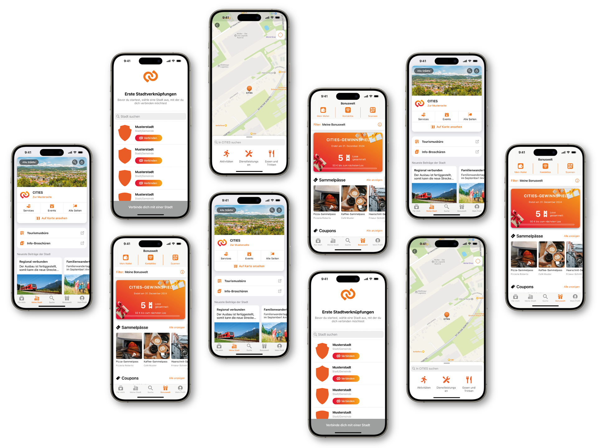 Eine Sammlung von Smartphone-Bildschirmen, die eine Reise-App-Oberfläche mit Karte, Stadtinformationen, Gutscheinen und Aktivitätsoptionen zeigt. Die Bildschirme zeigen Stadterkundungen, lokale Aktivitäten und Gutscheinangebote.