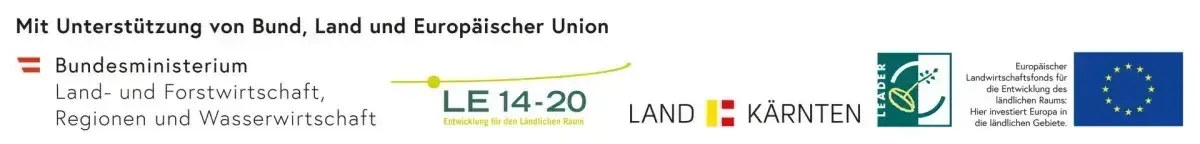 Das Bild zeigt Logos und Texte zur ländlichen Entwicklung in Deutschland. Der Text lautet 'on Bund, Land und Europäischer Union' und 'um Wirtschaft, Wasserwirtschaft'. Es gibt ein Logo für 'LE 14-20' und ein weiteres für 'LAND KÄRNTEN'.
