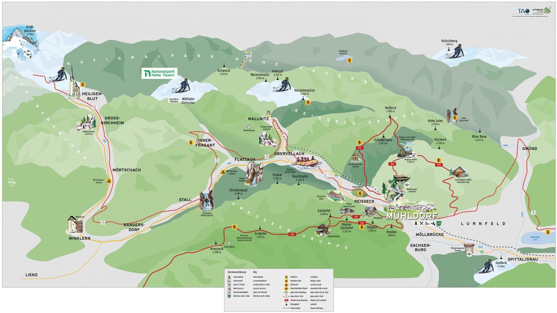 Eine Karte des Nationalparks Hohe Tauern zeigt verschiedene Wanderwege und Sehenswürdigkeiten, darunter Wanderwege, Berge und Touristenattraktionen. Die Karte enthält auch eine Legende, die die verwendeten Symbole erklärt.
