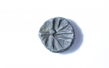 Ein rundes, flaches graues Objekt mit einem radialen Muster und einem kleinen zentralen Buckel, auf einer weißen Oberfläche platziert.