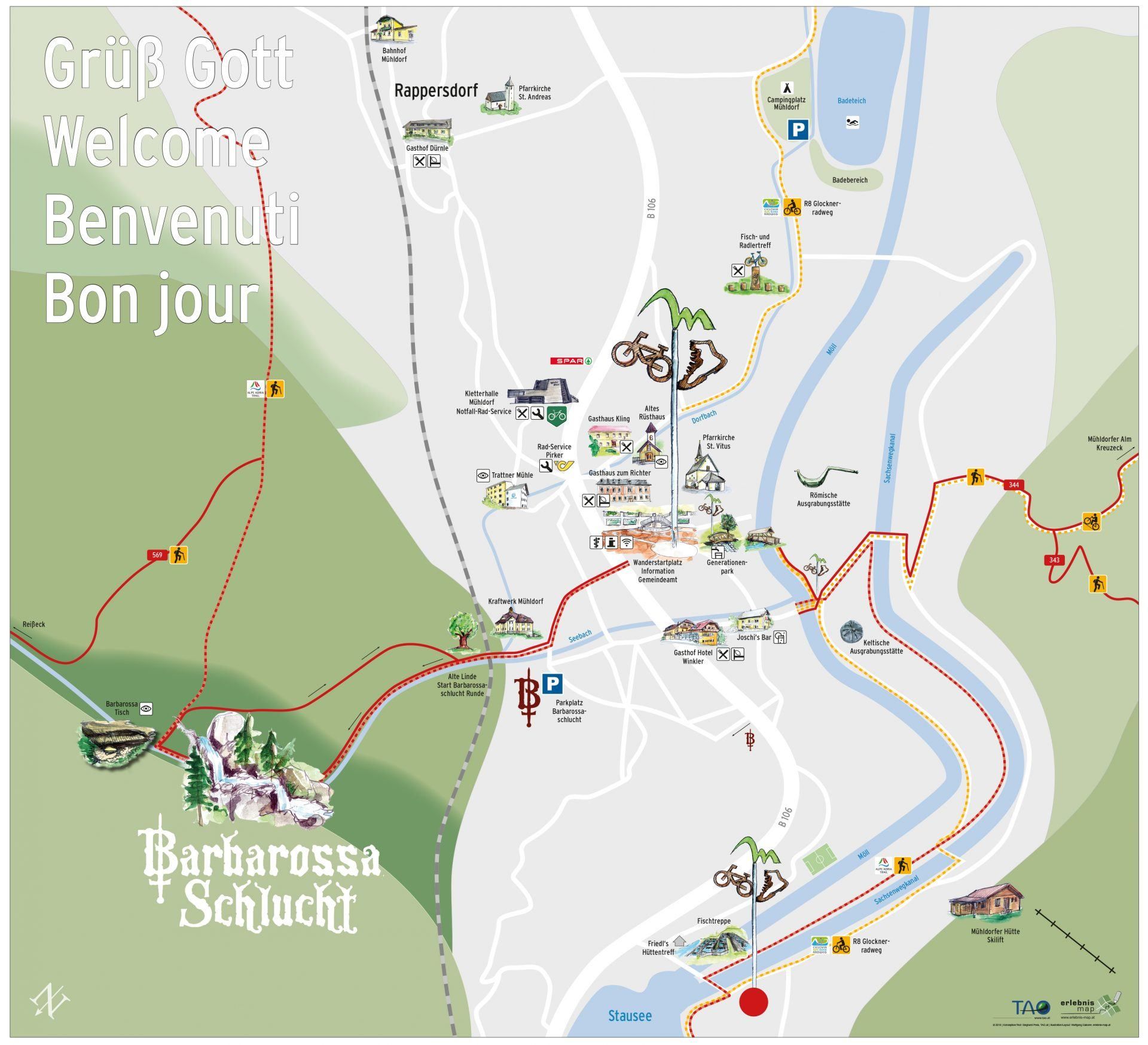 Eine Karte mit Wegen und Orten in der Umgebung, einschließlich 'GruB Gott', 'Willkommen', 'Benvenuti' und 'Bon jour', markiert mit Symbolen und Wegen. 'Barbarossa Schluch' ist ebenfalls mit einem besonderen Symbol gekennzeichnet.