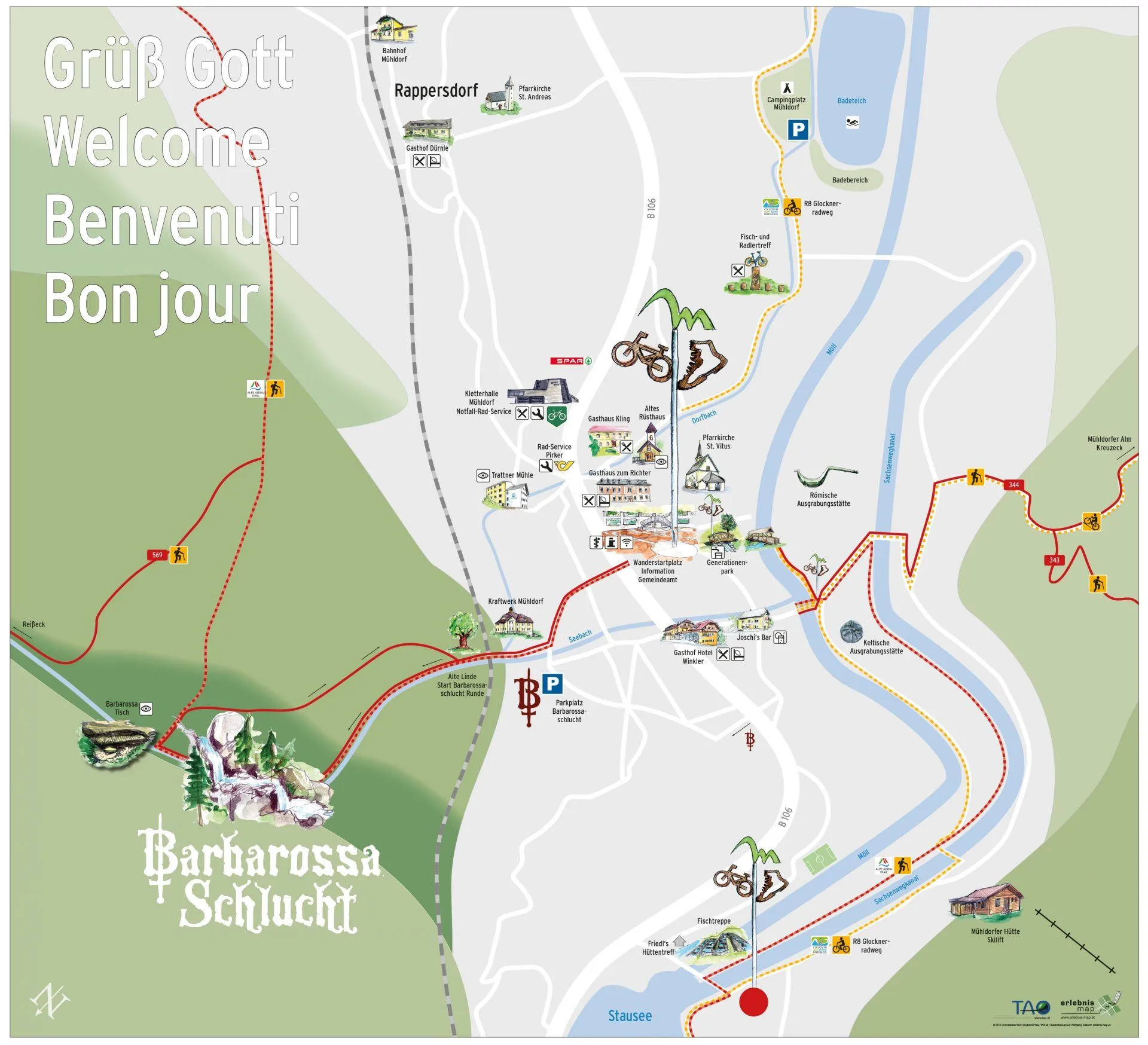 Eine Karte mit Wegen und Orten in der Umgebung, einschließlich 'GruB Gott', 'Willkommen', 'Benvenuti' und 'Bon jour', markiert mit Symbolen und Wegen. 'Barbarossa Schluch' ist ebenfalls mit einem besonderen Symbol gekennzeichnet.