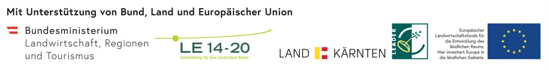 LE 14-20: Entwicklung für den ländlichen Raum unter EU und Europäischer Union, mit Logos für Land und Kärnten.