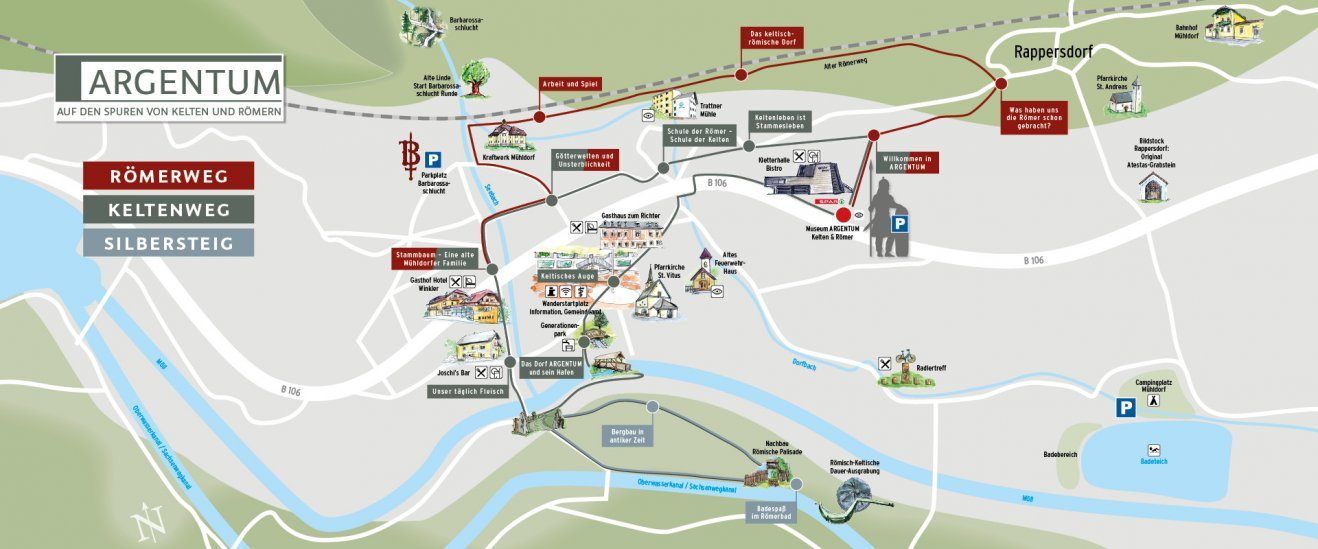 Die Karte zeigt ein Gebiet mit verschiedenen Sehenswürdigkeiten wie Parkplätze, ein Hotel, einen Park und ein Museum. Hervorgehobene Routen führen zu Attraktionen wie einem römischen Standort und einer Bar.