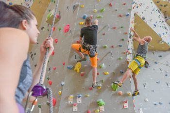 Drei Personen klettern an einer Wand. Eine Frau und zwei Männer tragen beide Turnschuhe und Shorts. Die Wand ist mit verschiedenfarbigen Steinen bedeckt.