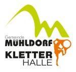 Logo der Gemeinde Muhldorf Kletter Halle, mit einem stilisierten Berg und einer orangefarbenen Kletterfigur.