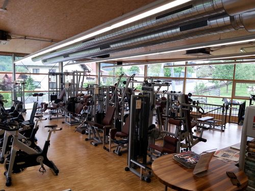 Ein Fitnessstudio mit Holzböden und verschiedenen Trainingsgeräten, einschließlich Laufbänder, Kraftgeräte und Bänke. Es gibt große Fenster mit Blick auf Bäume und Häuser draußen.