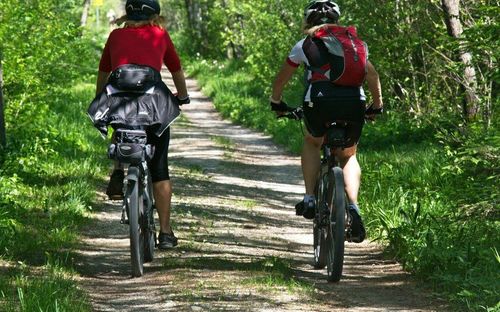 Zwei Personen fahren auf einem staubigen Pfad durch einen üppigen grünen Wald. Beide tragen Helme und Rucksäcke, was auf eine gemütliche Fahrt oder ein Radvergnügen hindeutet.