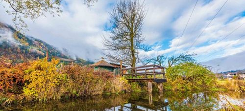 Eine Holzbrücke überspannt einen Teich und führt zu einem grünen Haus. Das Haus ist von herbstlichen Laub und kahlen Bäumen umgeben. Der Himmel ist blau mit verstreuten Wolken.
