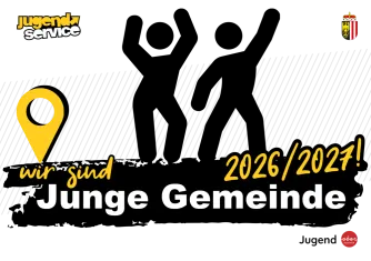 Ein Werbebild für 'Endservice' mit schwarzem Hintergrund, mit gelbem Textüberlagerung, der '2026/2020 sind junge Gemeinde' lautet