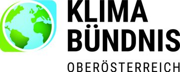Das Logo für Klima Bund Oberosterreich zeigt eine stilisierte Erde mit blauen und grünen Farbtönen auf weißem Hintergrund. Der Text 'KLIMA BÜNDN' ist in fetter, schwarzer Schrift prominent dargestellt. Darunter steht 'OBERÖSTERR' in kleinerer, kursiver Schrift.