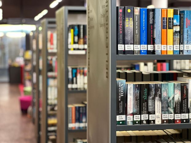 Ein Bücherregal in einer Bibliothek mit ordentlich geordneten Büchern, darunter Titel von Autoren wie Dr. E. Herr und Dr. F. Hava.
