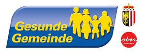 Ein Logo mit blauem und weißem Hintergrund, das eine Familiensilhouette in Gelb zeigt. Der Text 'Gesunde Gemeinden' ist in Gelb geschrieben. Rechts befindet sich ein roter Kreis mit dem Text 'Oberoesterreich'.