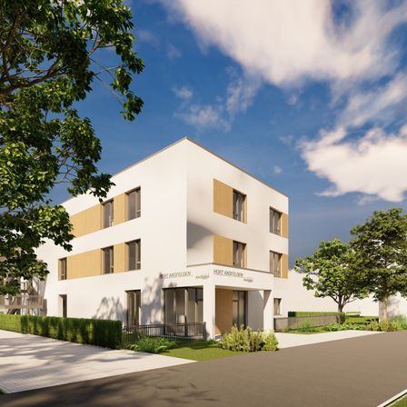Ein modernes, weißes Apartmentgebäude mit braunen Akzenten und Glasfenstern wird in einer gerenderten Abbildung gezeigt. Das Gebäude trägt ein Namensschild mit der Aufschrift 'Hort Ansfelder'. Das Gebäude ist von Grünpflanzen und einem klaren blauen Himmel umgeben.