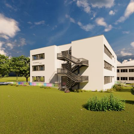 Eine 3D-Darstellung eines modernen weißen Gebäudes mit einer Treppe an der Seite und einem grünen Rasen davor.
