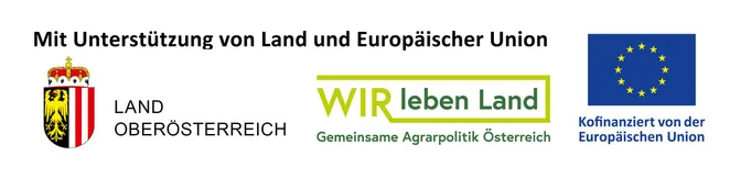 Das Logo für 'Land und Europäische' zeigt die Worte 'WIR leben ICH' in Grün mit einer gelben Linie, die sie verbindet, sowie den Text 'Gemeinsame Agrarpolitik' darunter.