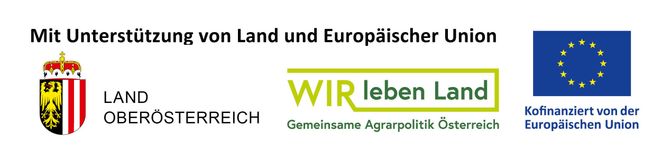 Das Logo für 'Land und Europäische' zeigt die Worte 'WIR leben ICH' in Grün mit einer gelben Linie, die sie verbindet, sowie den Text 'Gemeinsame Agrarpolitik' darunter.