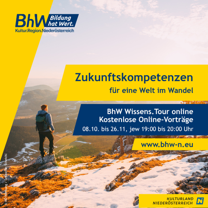 Werbeanzeige für BhW Wissens.Tour online mit einem Mann auf einem verschneiten Berggipfel. Die Anzeige wirbt für kostenlose Online-Vorträge vom 8. Oktober bis 26. November.