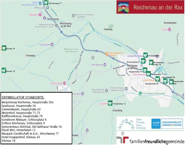 Eine Karte von Reichenau an der Rax, Österreich, die Standorte von Defibrillatoren und anderen Sehenswürdigkeiten zeigt.