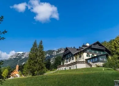 Building, Hotel, Resort, Outdoors, Nature, Scenery, Countryside, Rural, Village, Bench