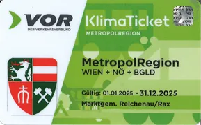Grünes KlimaTicket für MetropolRegion, gültig von 01.01.2025 bis 31.12.2025, ausgestellt von Marktgem. Reichenau/Rax.