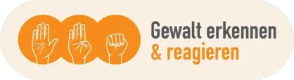 Logo mit drei Händen und der Botschaft 'Gewalt erkennen & reagieren', was im Englischen 'Recognize and React to Violence' bedeutet.